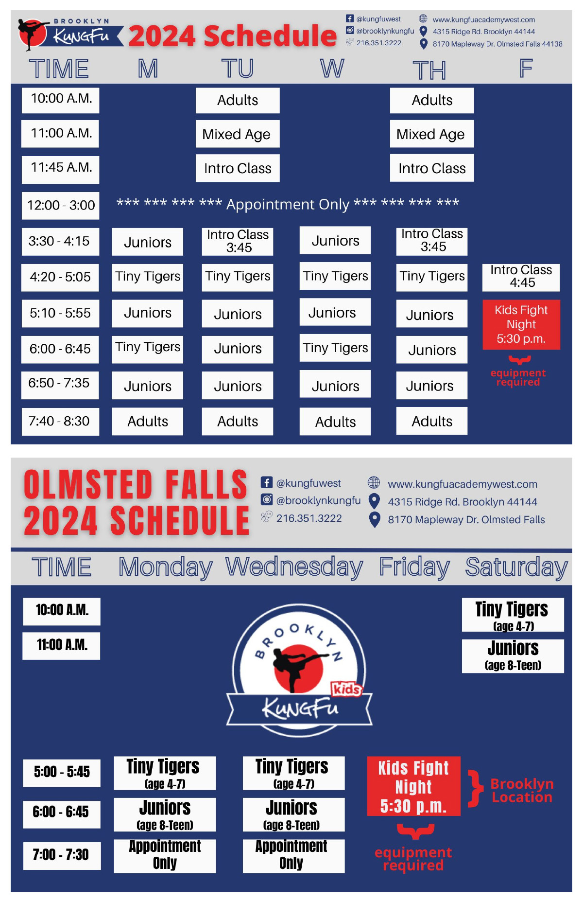 Kung Fu Academy 2024 Schedules
